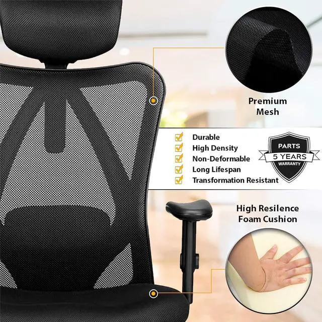 Alt view image 4 of 6 - Duramont Ergonomic Office Chair - Adjustable Desk Chair with Lumbar Support and Rollerblade Wheels - High Back Chairs with Breathable Mesh - Thick Seat Cushion, Head, and Arm Rests - Reclines