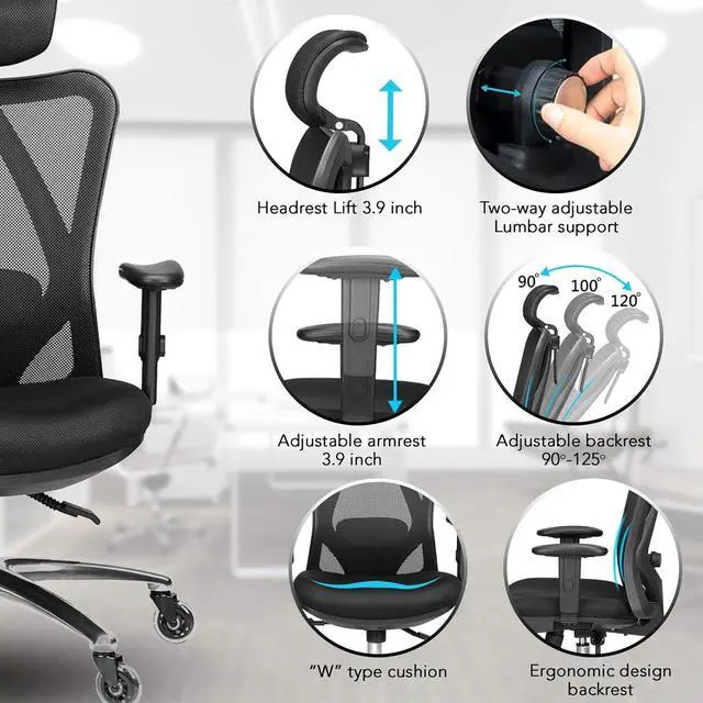 Alt view image 6 of 6 - Duramont Ergonomic Office Chair - Adjustable Desk Chair with Lumbar Support and Rollerblade Wheels - High Back Chairs with Breathable Mesh - Thick Seat Cushion, Head, and Arm Rests - Reclines