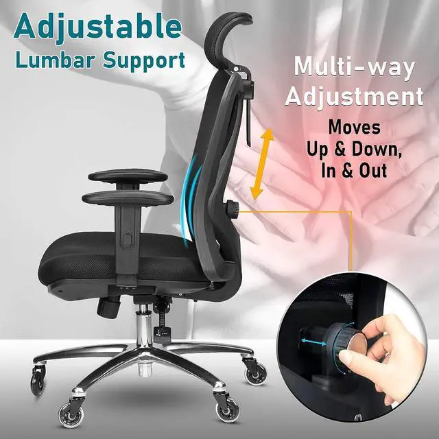Alt view image 5 of 6 - Duramont Ergonomic Office Chair - Adjustable Desk Chair with Lumbar Support and Rollerblade Wheels - High Back Chairs with Breathable Mesh - Thick Seat Cushion, Head, and Arm Rests - Reclines
