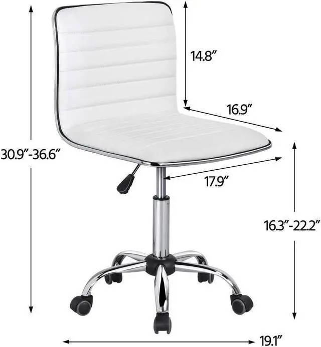 Alt view image 3 of 7 - Topeakmart PU Leather Low Back Armless Desk Chair Ribbed Armless Swivel Task Chair Office Chair Wheels White