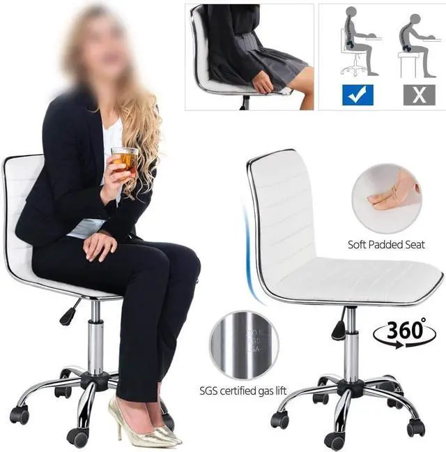 Alt view image 4 of 7 - Topeakmart PU Leather Low Back Armless Desk Chair Ribbed Armless Swivel Task Chair Office Chair Wheels White