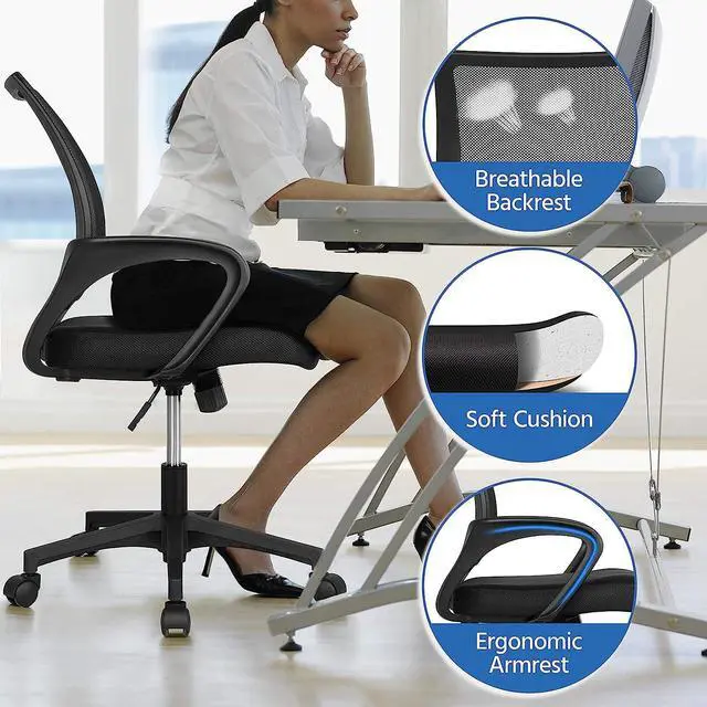 Alt view image 7 of 7 - Yaheetech Home Office Modern Desk and Chair Set Computer Desk w/Drawer & Shelves with Ergonomic Mesh Height Adjustable Office Chair
