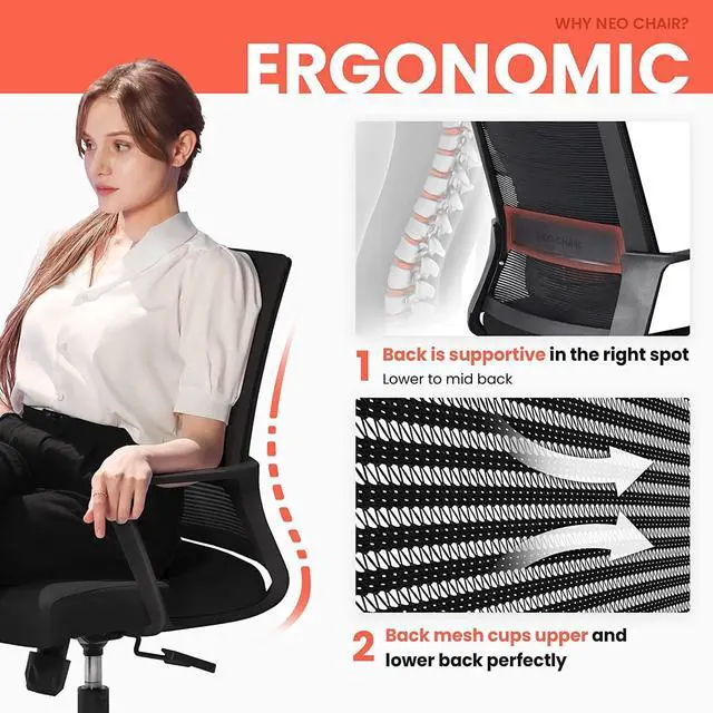 Alt view image 5 of 7 - NEO CHAIR Office Chair Ergonomic Desk Chair Mid Back Mesh with Lumbar Support Comfortable Cushion Swivel Adjustable Height Armrest Gaming/Computer Chairs for Home Office Desk (Black)