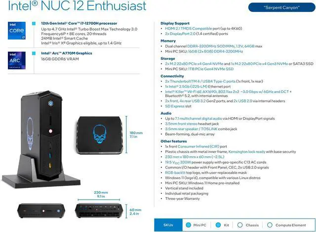 Alt view image 4 of 6 - Intel NUC 12 Enthusiast NUC12SNKi7 Mini Pc with Core i7-12700H 14C/20T ARC A770 graphics, 6 USB-A, 2 USB-C, 1 HDMI, 2 Display Ports, Win 11 PRO (16GB RAM / 256GB SSD)