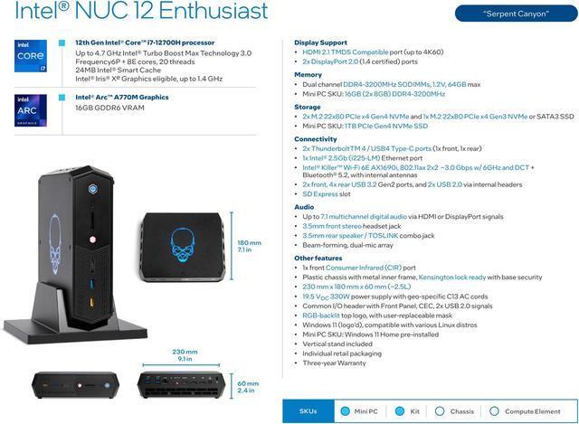 Alt view image 5 of 5 - Intel NUC 13 Enthusiast NUC13ANHi7 Mini Pc with Core i7-1360P | Iris Xe Graphics | WiFi 6E, Bluetooth 5.3, HDMI, Thunderbolt 4, Audio Jack - Black | NO RAM NO SSD - Barebone