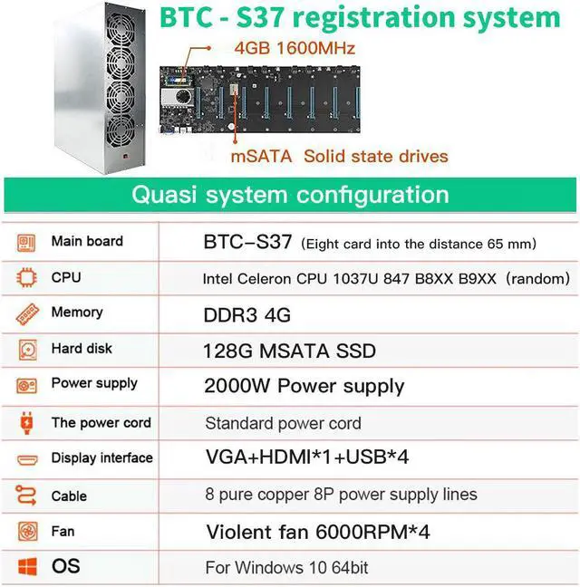 Alt view image 3 of 7 - BTC-S37 Mining miner Rig Set Motherboard 8 Graphics Card Slots + 1800W PSU+ 4G DDR3 + 8Pin Power Cable + 128G mSATA SSD