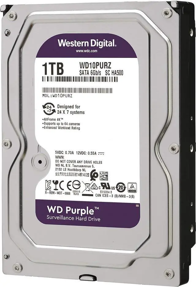 Main image of Western Digital 1TB WD Purple Surveillance Internal Hard Drive HDD - SATA 6 Gb/s, 64 MB Cache, 3.5" - WD10PURZ