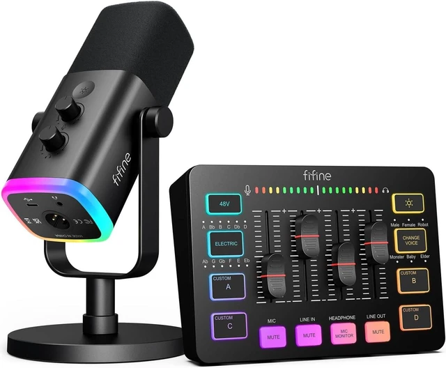 Main image of FIFINE Gaming Audio Equipment Bundle, Dynamic Microphone and Audio Mixer RGB Gamer Set, Gaming XLR/USB Mic for PC, Streaming Mixer with Volume Fader, XLR Interface for Podcast, Recording-KS5