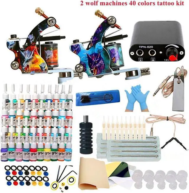 Main image of 2 Machine 40 Colors Tattoo Ink Set Black Power Supply Needles Tips Disposable Supplies Tattoo Kit Complete Set