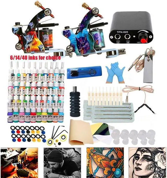 Alt view image 3 of 3 - 2 Machine 40 Colors Tattoo Ink Set Black Power Supply Needles Tips Disposable Supplies Tattoo Kit Complete Set