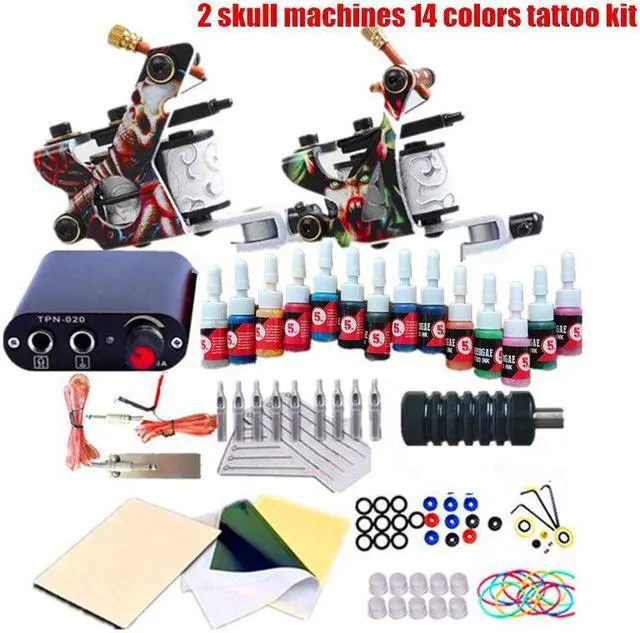 Main image of Tattoo Kit Complete Set 2 Tattoo Machines Set 14 Colors Tattoo Ink Supplies Black Mini Power Supply Complete Tattoo Kit for Beginners
