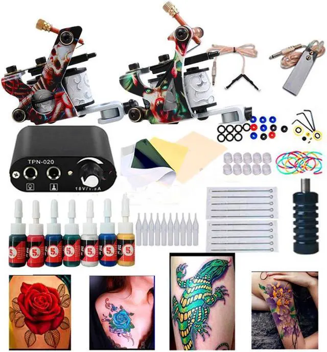 Main image of Tattoo Kit 2 Machine Gun 7 Colors Pigment Tattoo Ink Set Black Power Supply Needles Tips Disposable Supplies Tattoo Kit Complete Set