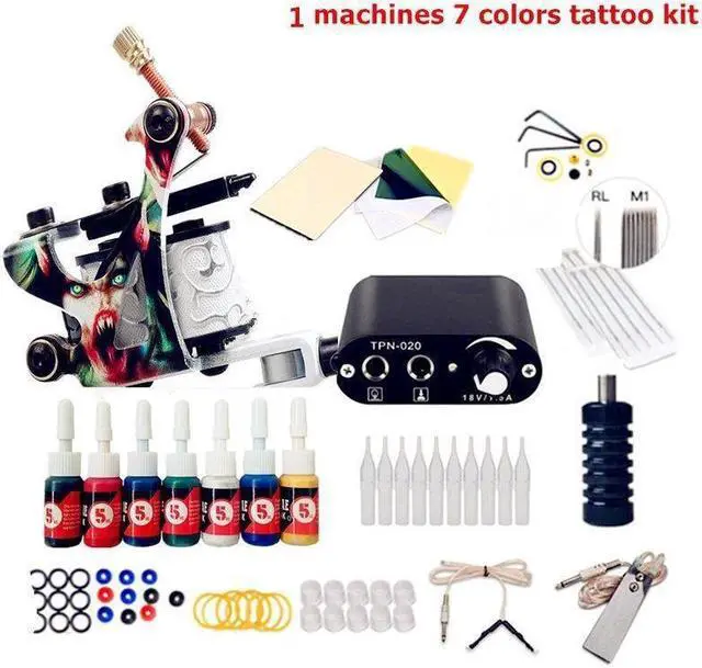 Main image of Beginner Tattoo Kit Complete Set Tattoo Machines 7 Colors Tattoo Ink Supplies Black Mini Power Supply Body Art Complete Tattoo Kits