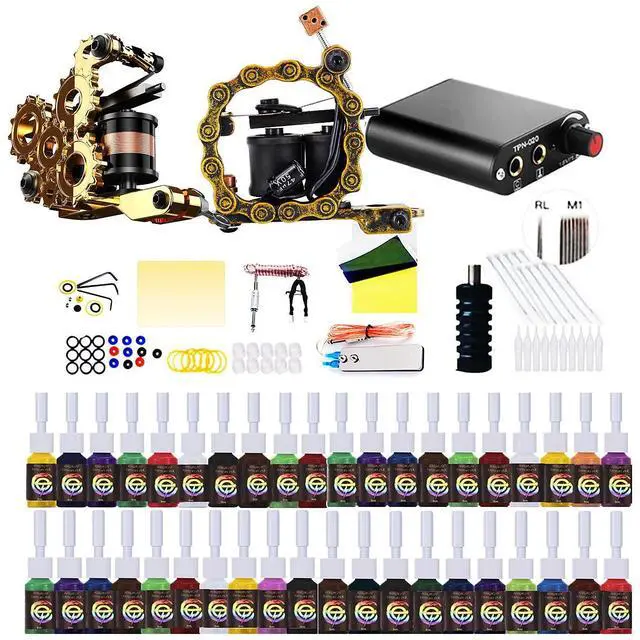 Alt view image 3 of 3 - 2 Machine 40 Colors Tattoo Ink Set Black Power Supply Needles Tips Disposable Supplies Tattoo Kit Complete Set
