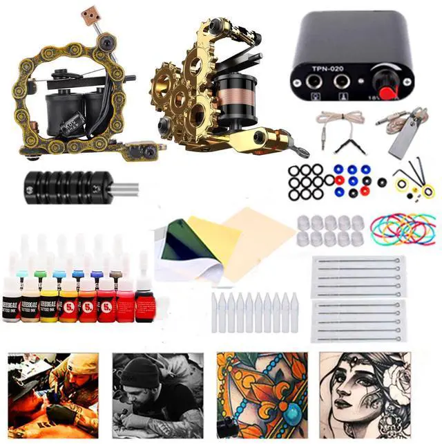 Alt view image 3 of 3 - Tattoo Kit Set Black Power Supply Needles Tips Disposable Supplies Machine Colors Ink Beginners Tattoo Kit Complete Set