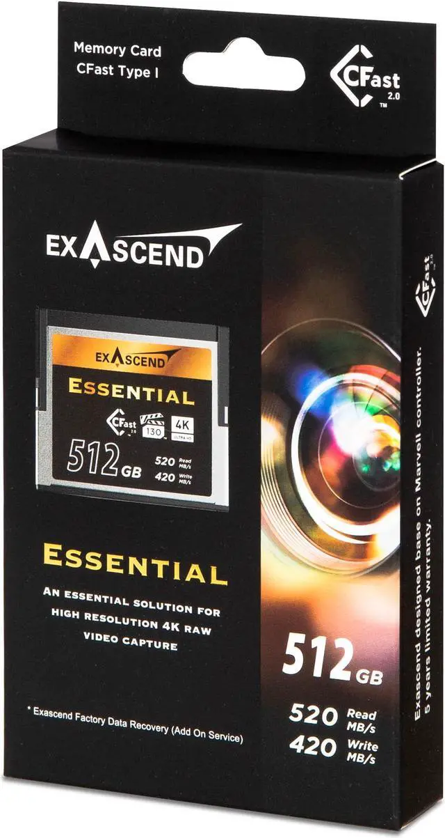 Alt view image 2 of 3 - Exascend Essential 512GB CFast2.0 EXSC3X Memory Card, up to 520MB/s Read, Approved for Blackmagic URSA Mini Pro 12K, Canon XC15/C300MKII and more