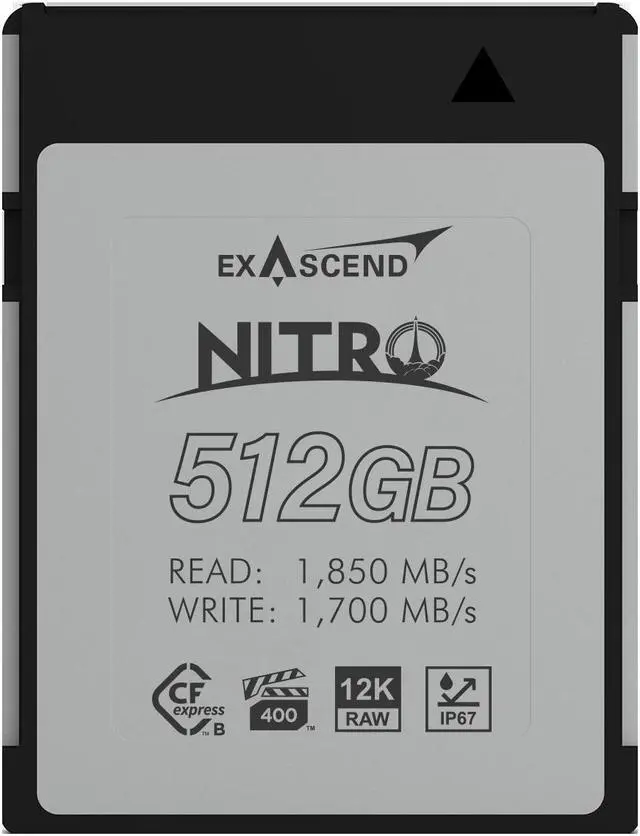 Main image of Exascend 512GB Nitro CFexpress Type B Card, VPG400-Certified, IP67-Certified, Sustained Write 1,700MB/s, Compatible with Canon, Nikon, Panasonic and Other Cameras.