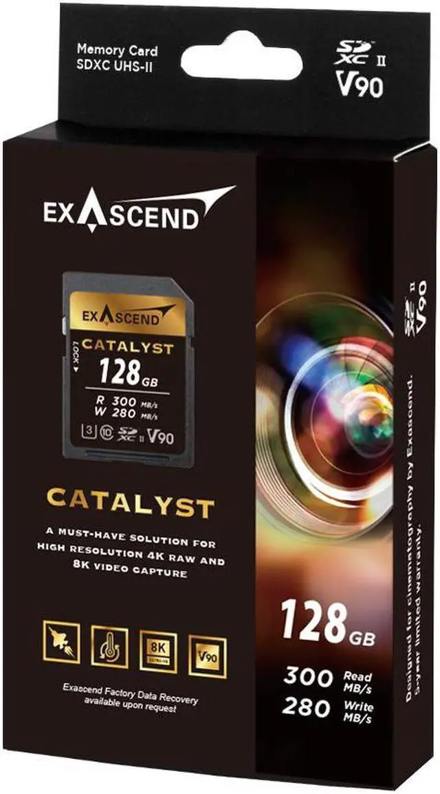 Alt view image 2 of 3 - Exascend 128 GB Catalyst UHS-II SD Card, C10, U3, V90, up to 300MB/s, Compatible with Canon, Nikon, Panasonic and Other Cameras.