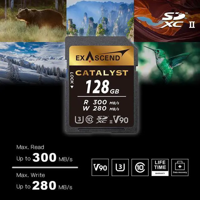 Alt view image 3 of 3 - Exascend 128 GB Catalyst UHS-II SD Card, C10, U3, V90, up to 300MB/s, Compatible with Canon, Nikon, Panasonic and Other Cameras.