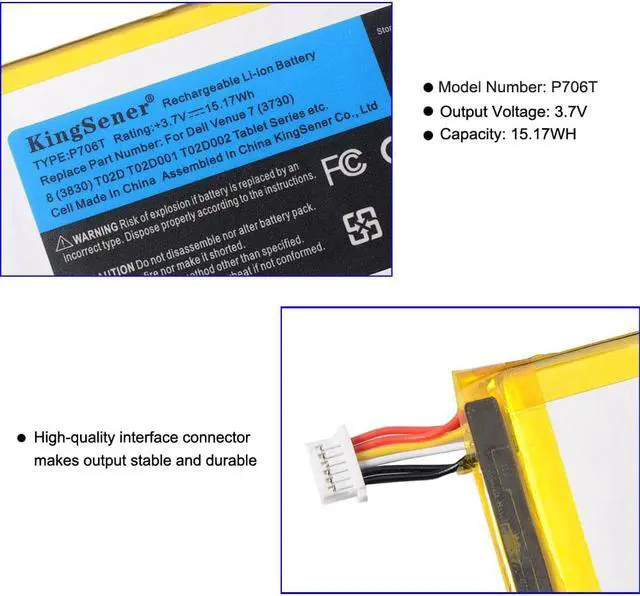 Alt view image 6 of 6 - KingSener P706T New Tablet battery for DELL Venue 7 3730 Venue 8 3830 T02D T01C T02D002 T02D001 0CJP38 02PDJW 3.7V 15.17WH
