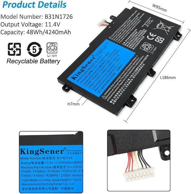 Alt view image 6 of 6 - Kingsener B31N1726 Laptop Battery For ASUS TUF Gaming FX80 FX86 FX504 FX504G FX504GM FX505 FX505G FX505DT FX505GE A15 FA506 FA506IU A17 FA706 FA706IU Series B31BnEH B31Bn91 A41LK9H 11.4V 48Wh