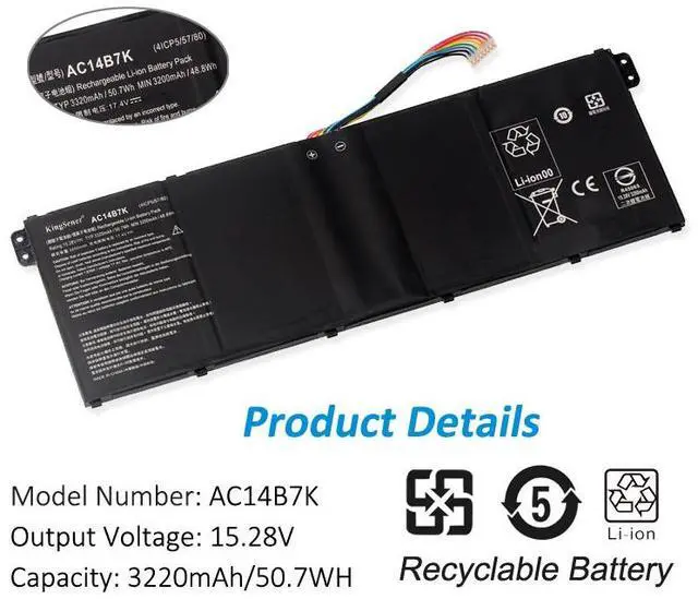 Alt view image 3 of 5 - KingSener AC14B7K Laptop Battery For Acer Spin 5 SP515-51GN Swift SF314-52 For Acer Nitro 5 AN515-42 15.28V 3320mAh/50.7WH