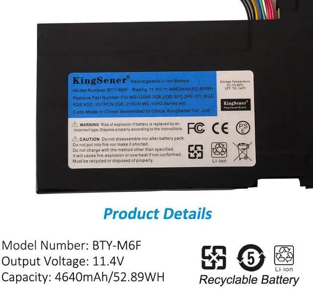 Alt view image 6 of 7 - KingSener BTY-M6F Laptop Battery For MSI GS60 MS-16H2 MS-16H4 2PL 6QE 2QE 2PE 2QC 2QD 6QC 6QC-257XCN Series 11.4V 4640mAh Replacement Tablet Battery