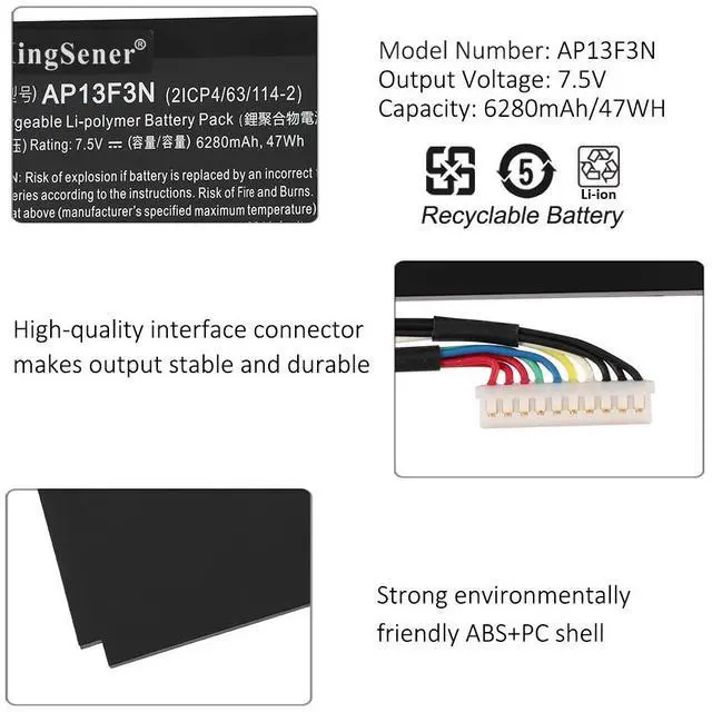 Alt view image 6 of 7 - KingSener AP13F3N Laptop battery For Aspire S7-392 S7-392-9890 2ICP4/63/114-2 7.5V 6280mAh/47WH
