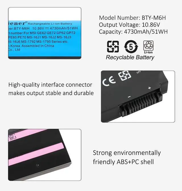 Alt view image 6 of 7 - KingSener BTY-M6H notebook battery for MSI ge70 gp72mvr gl62vr gl62m ge72vr ms-16J3 ms-16J4 ms-16J6 ms-1792 ms-1795 ms-16J5L