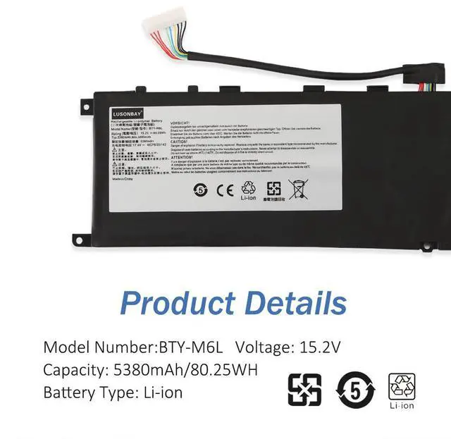 Alt view image 6 of 7 - LUSONBAY BTY-M6L Laptop Battery For MSI GS65 GS75 stealth Thin Series 8SE-054FR 80.25wh/5280mAh