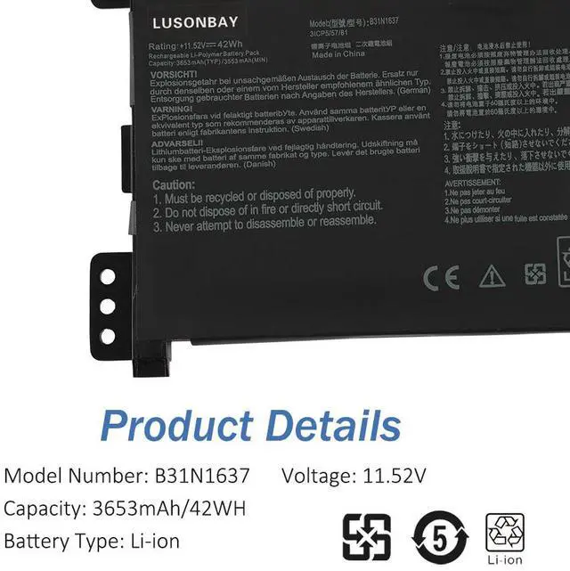 Alt view image 6 of 7 - LUSONBAY B31N1637 Laptop Battery For ASUS X510 X510UA X510UQ VivoBook S15 S510UA S510UN S510UR F510 F510UA Series C31N1637