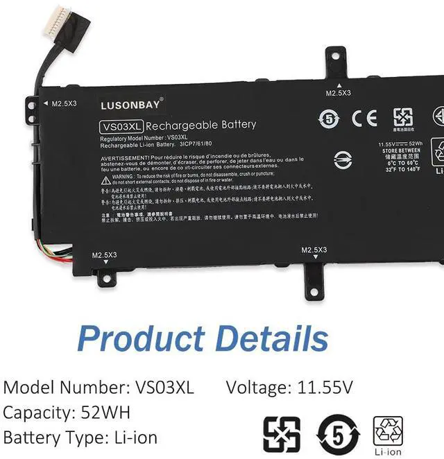 Alt view image 6 of 7 - LUSONBAY VS03XL Laptop Battery for HP Envy 15-AS 15-AS014WM 849047-541 HSTNN-UB6Y 849047-541 849313-850 Tablet 11.55V 52wh