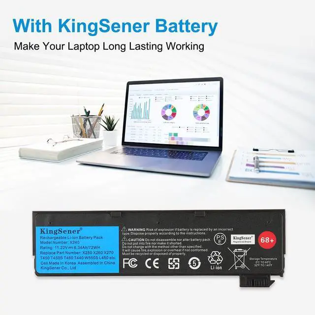 Alt view image 4 of 7 - KingSener X240 Laptop Battery for Lenovo Thinkpad X270 X260 X250 T470P T440S K2450 W550S P50S 45N1136 11.22V 68+