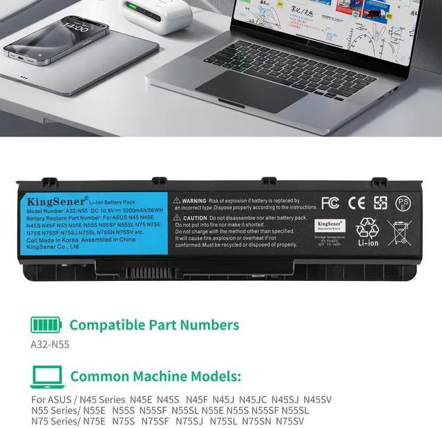 Alt view image 3 of 7 - KingSener 10.8V 56WH Laptop Battery Notebook Battery A32-N55 For ASUS N45 N45SF N55E N75S N45E N45SJ N55S N75SF N45F N45SL N55SF N75SJ N45J