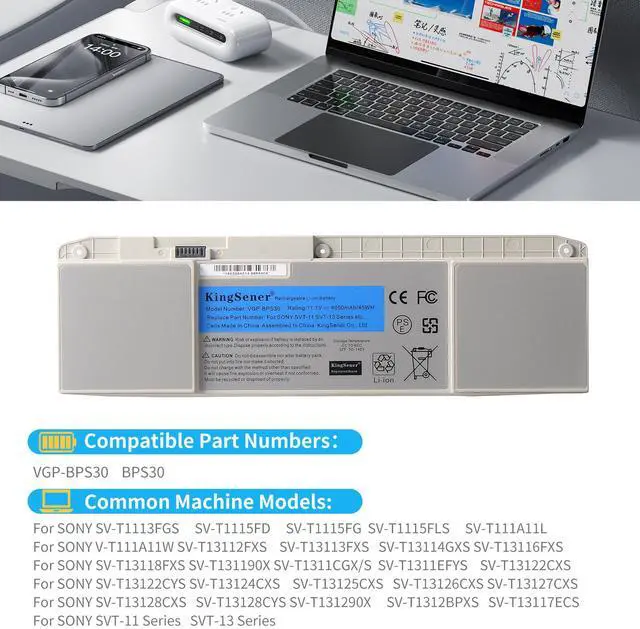 Alt view image 3 of 7 - KingSener VGP-BPS30 Laptop Battery For SONY SVT11 SVT13 T11 T13 SVT131 SVT131A11T SV-T1115FD SV-T1113FGS SV-T1115FG SV-T13117ECS BPS30 11.1V 4050mAh