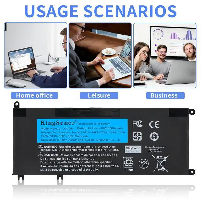 Alt view image 3 of 7 - Kingsener 33YDH Laptop Battery for Dell Inspiron 15 7577 7773 7778 7786 7779 G3 15 3579 G3 17 3779 G5 15 5587 G7 15 7588 Latitude 13 3380 14 3490 15 3590 3580 PVHT1 56Wh 4-Cell 15.2V 56WH