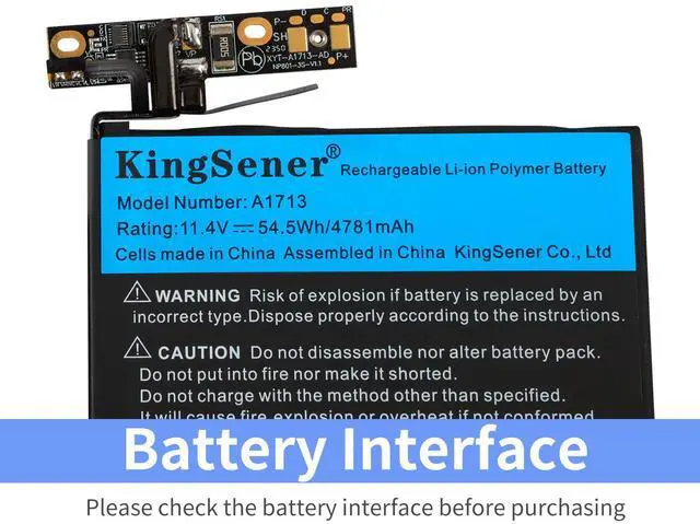 Alt view image 4 of 7 - Kingseenr A1713 Laptop Battery for Apple MacBook Pro 13 inch A1708 Late 2016 Mid 2017 MLL42LL EMC 2978 3164-11.4V 54.5Wh