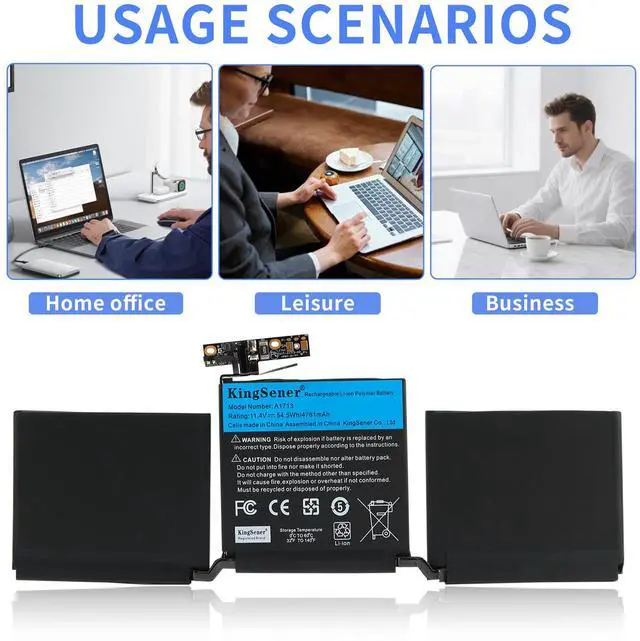 Alt view image 3 of 7 - Kingseenr A1713 Laptop Battery for Apple MacBook Pro 13 inch A1708 Late 2016 Mid 2017 MLL42LL EMC 2978 3164-11.4V 54.5Wh