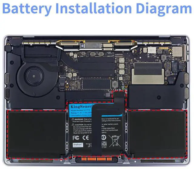 Alt view image 7 of 7 - Kingseenr A1713 Laptop Battery for Apple MacBook Pro 13 inch A1708 Late 2016 Mid 2017 MLL42LL EMC 2978 3164-11.4V 54.5Wh
