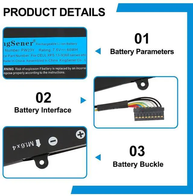 Alt view image 6 of 7 - Kingsener PW23Y Notebook Replacement New Laptop Battery for DELL XPS 13 9360 Series RNP72 TP1GT PW23Y 7.6V 60WH