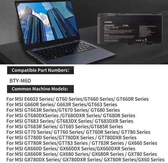 Alt view image 2 of 7 - Kingsener BTY-M6D Laptop Battery for MSI GT60 GT70 GX780R GX680 GX780 GT780R GT660R GT663R GX660 GT680R GT783R 9CELLS Replacement Notebook Battery