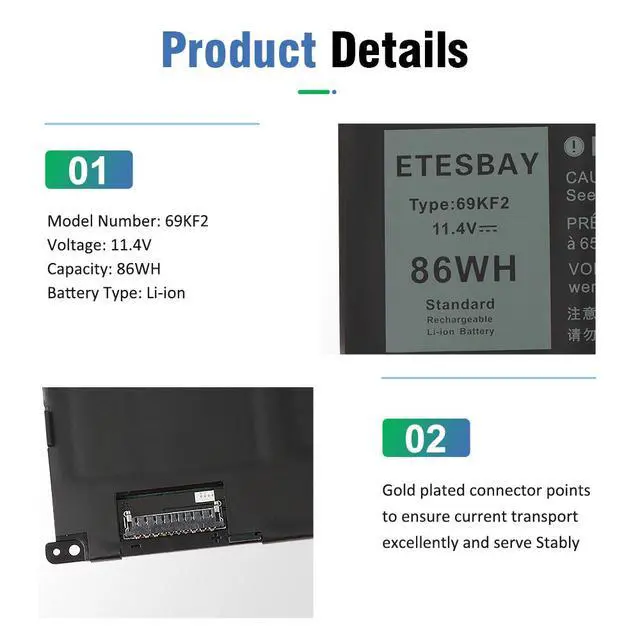 Alt view image 6 of 7 - 69KF2 Laptop Battery For Dell XPS 15 9500 P91F P91F001 M15 R3 R4 P87F P87F002 P87F003 M17 R3 R4 P45E