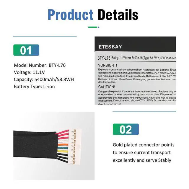 Alt view image 6 of 7 - BTY-L76 Laptop Battery For MSI GS70 MS-1771 MS-1772 MS-1774 2QC-019XCN For Medion Erazer X7615 X7613 5400mAh