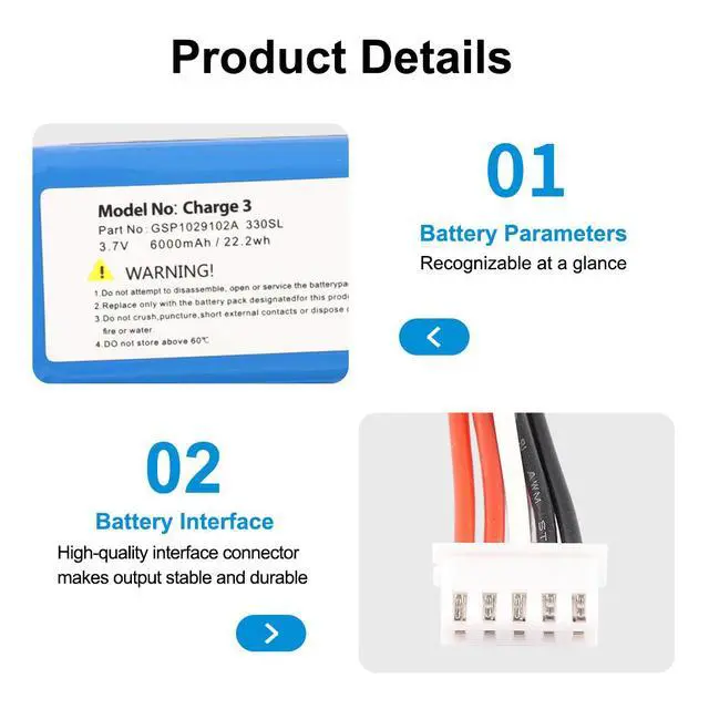 Alt view image 5 of 7 - KingSener GSP1029102A Battery for JBL Charge 3 Bluetooth Speaker -6000mAh 3.7V Replacement
