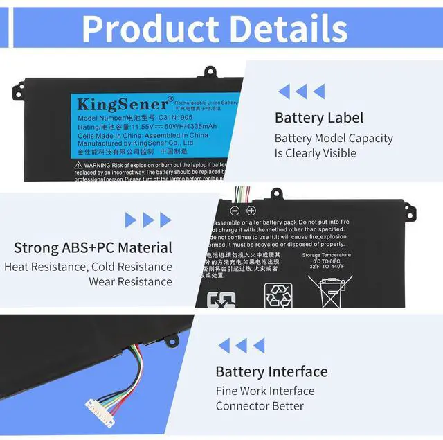 Alt view image 3 of 7 - KingSener C31N1905 Laptop Battery For ASUS VivoBook S14 S433FA-AM035T 50Wh 11.55V long cable