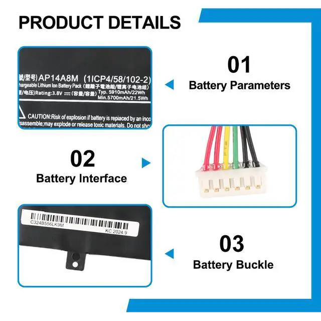 Alt view image 6 of 6 - KingSener AP14A8M Laptop Battery For Acer Iconia Tab 10 Replacement A3-A20 A3-A20FHD SW5-011 SW5-012 AP14A8M AP14A4M 5910mAh