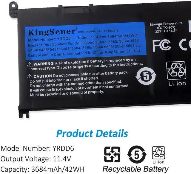 Alt view image 6 of 7 - Kingsener YRDD6 Laptop Battery for Dell Inspiron 5482 5480 5481 5485 5491 5591 5593 3583 3310 2-in-1 3493 3582 3593 3793 5584 5493 5585 5594 5598 Vostro 3491 5481 5581 5490 5590 0YRDD6 VM732 1VX1H
