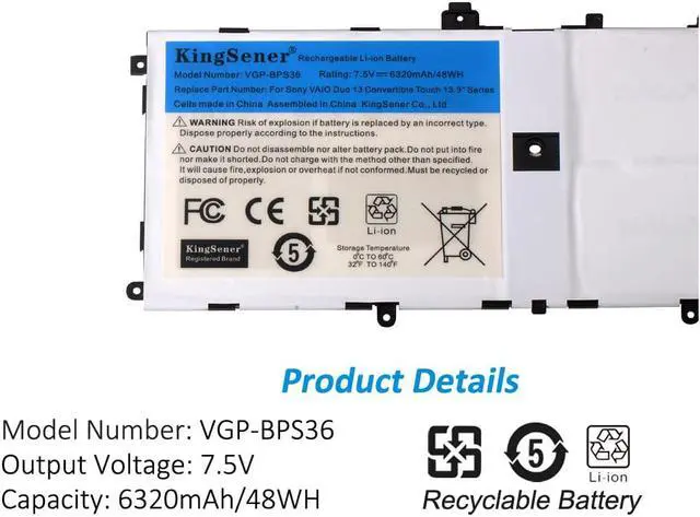 Alt view image 5 of 6 - Kingsener VGP-BPS36 Laptop Battery For Sony Vaio Duo 13 Convertible Touch 13.3 inch SVD13211CG SVD132A14W SVD1321M2EW 7.5V 48Wh