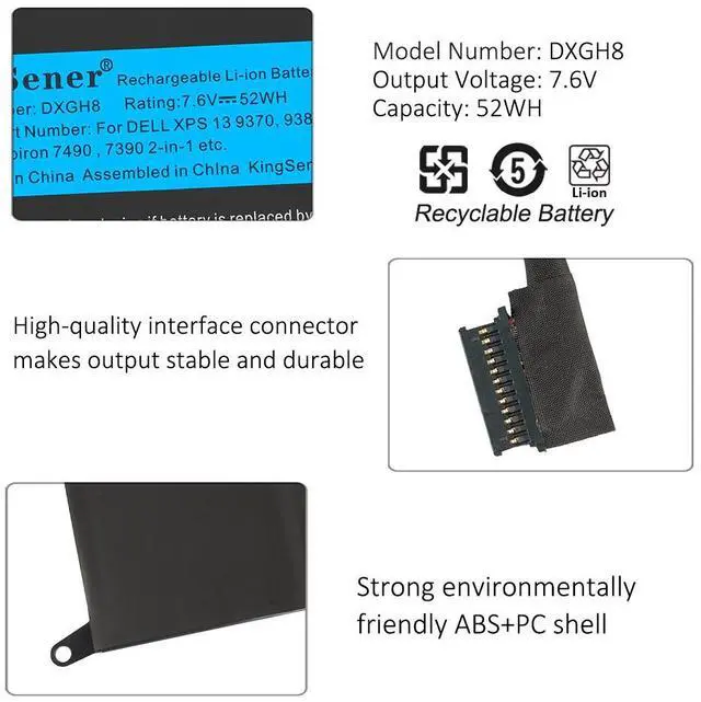 Alt view image 6 of 7 - KingSener DXGH8 Replacement Battery for Dell XPS 13 9380 / 9370 (52Wh, 7.6V)