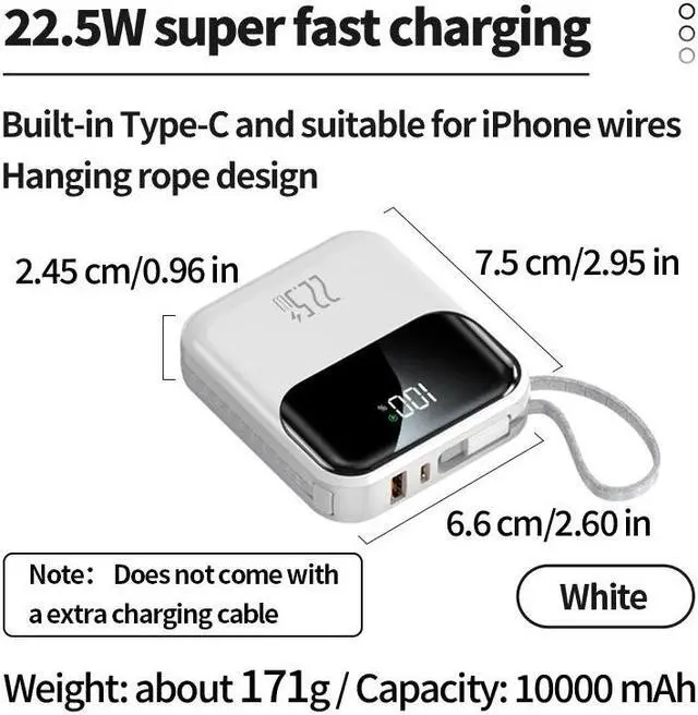 Main image of 10000mAh compact portable power bank, 22.5W super fast charging, with built-in charging cable